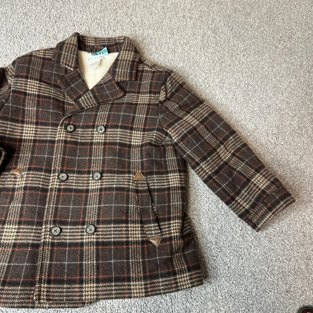 Janie And Jack Pea Coat Kids 4-5 Brown Plaid Wool Faux Fur Lined Winter‎ preppy - Picture 3 of 13
